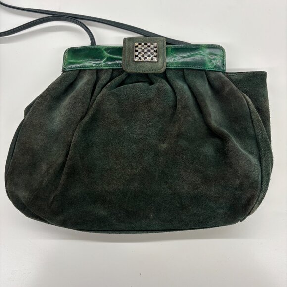Vintage Italian Suede Handbag – Emerald Green Accents & Checkered Clasp - Picture 3 of 9